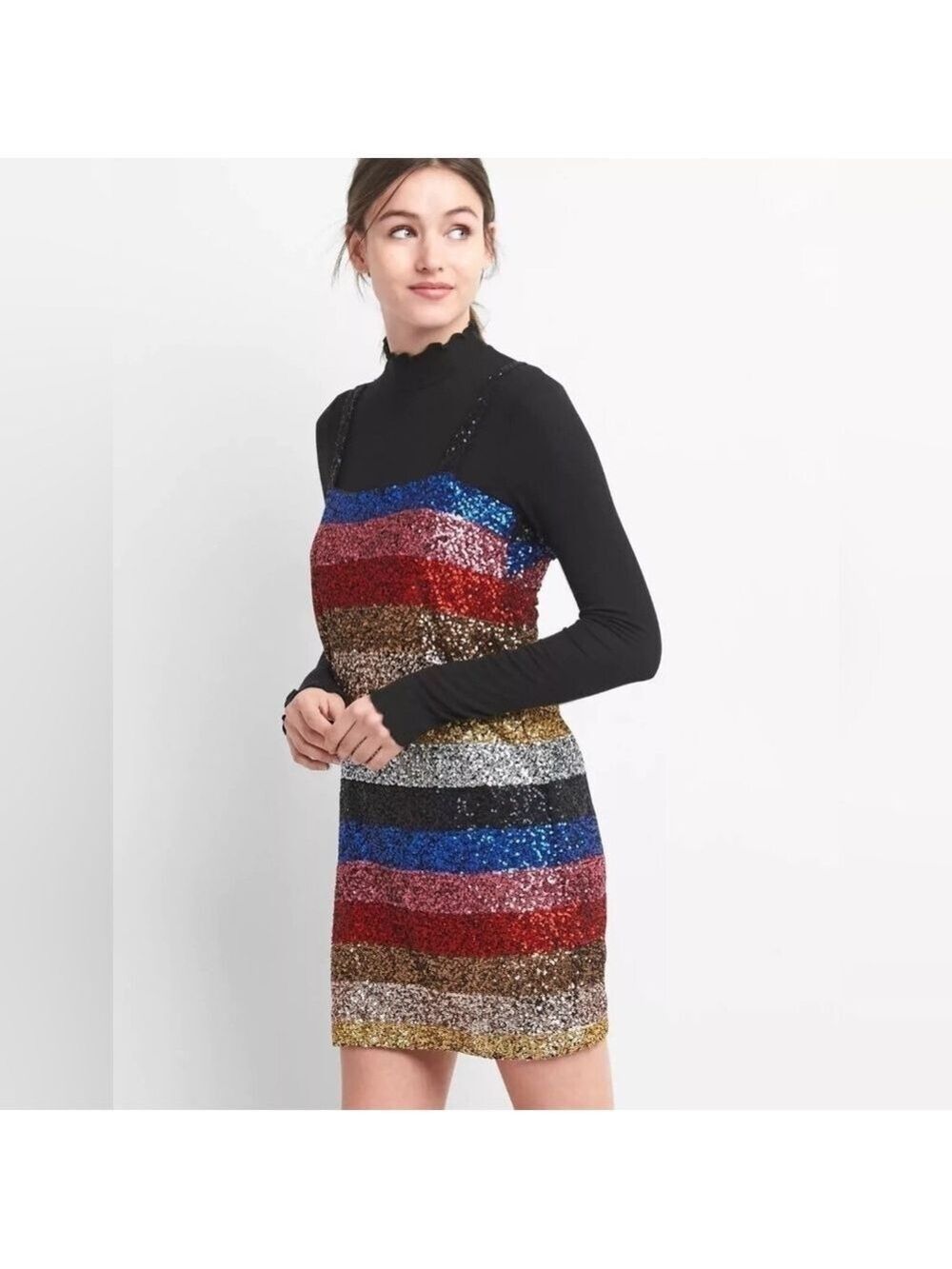Vintage Y2K GAP Black and Blue Sequin Mock Neck Dress